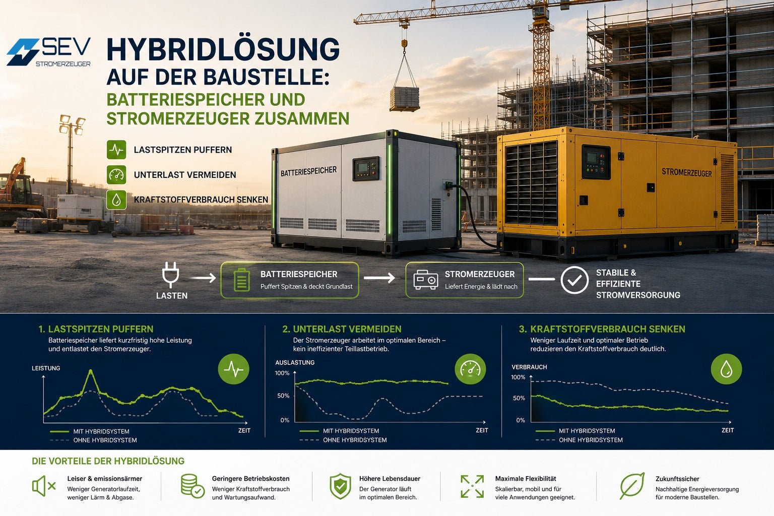 Hybridlösung auf der Baustelle: Batteriespeicher und Stromerzeuger zusammen - SEV